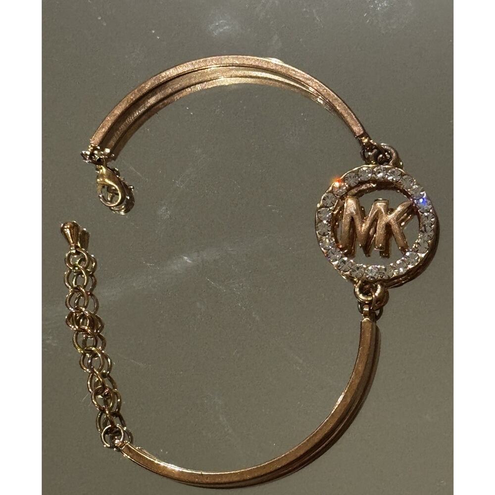 Michael Kors Rose Gold Pave Crystal MK Circle Hinged Adjustable Bracelet